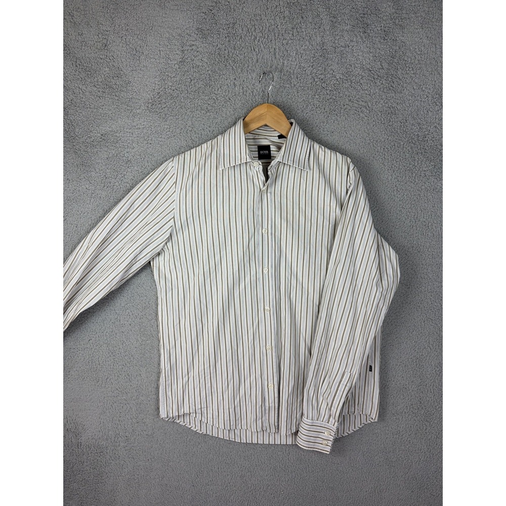Hugo Boss Shirt Mens Medium White Stripe Regular Fit Dress Long Sleeve Cotton